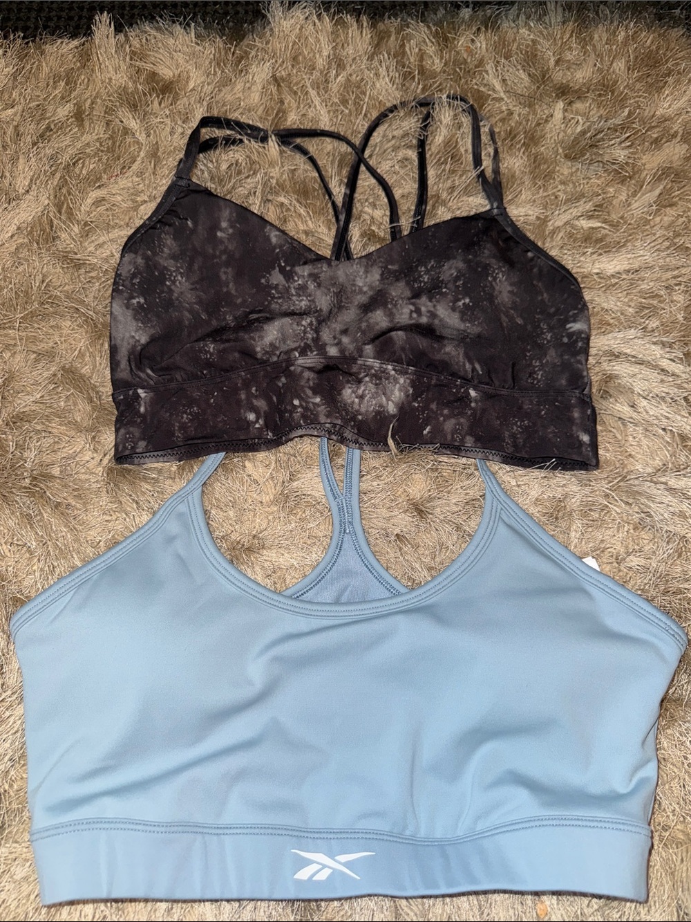 Reebok Light Blue Racerback Sports Bra with Black Tie-Dye Overlay